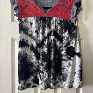 THML Black and White Tie-Dye Blouse with Red Embroidery